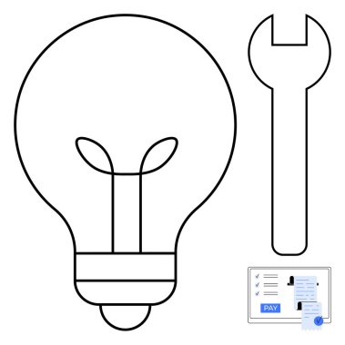 Fikirleri ve yeniliği temsil eden ampul, araçları ve bakımı sembolize eden İngiliz anahtarı, işlemler ve ödemeler için finansal belge. İş, mühendislik, mekanik ve finans için ideal
