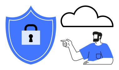 Asma kilitli bir kalkan, bulut simgesi, maviyi gösteren biri. Siber güvenlik, veri koruması, bulut bilgisayarı, şifreleme, kullanıcı farkındalığı dijital güvenlik için ideal. Soyut çizgi