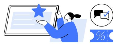 Bir tabletle etkileşime giren kişi, üzerinde bir yıldız olan içeriği sergiliyor. Bir kontrol işareti ve indirim kuponlu bir sohbet balonu içeriyor. Çevrimiçi incelemeler, promosyonlar, geribildirim için ideal