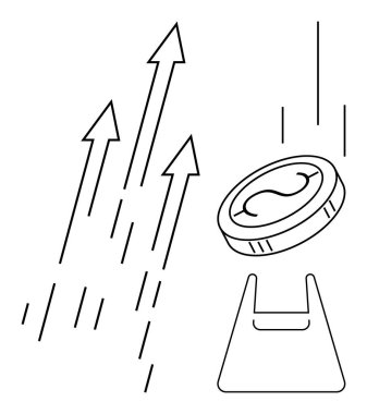 Yükselen oklar, para birimi işareti gösteren bir sikke ve bir platform büyümeyi, başarıyı, finansal refahı ve başarıyı simgeliyor. Ekonomi, iş büyümesi ve yatırım başarısı için ideal