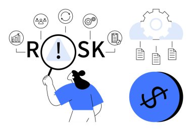 Kadın takım için simgelerle Risk 'i analiz ediyor, ayarlar, hedefler. Ağ bağlantısı, veri dosyaları, dolar işareti. İş stratejisi, proje yönetimi, süreç iyileştirme takım çalışması verileri için ideal