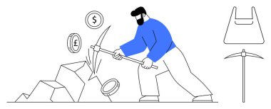 Kazmalı adam, Bitcoin, Dollar, Pound sembolleri ile işaretlenmiş madeni paralar taşlardan çıkıyor. Dijital para birimi, engelleme zinciri, madencilik çabaları, zenginlik yaratımı, yatırımlar, azim için ideal