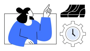 Yürüyen merdiven ve saatle yukarı doğru hareket eden bir kadın. Üretkenlik, zaman yönetimi, ilerleme, iş stratejisi, yenilik, verimlilik planlaması için ideal. Mavi ve siyah soyut çizgi düz metafor