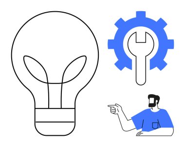 Büyük ampul, içinde İngiliz anahtarı olan mavi dişli ve objeleri gösteren biri. Yenilik, yaratıcılık, fikirler, problem çözme, mühendislik teknik destek için idealdir. Basit soyut