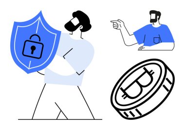 Sakallı, kalkanı kilitle tutan adam, parmağı ile işaret eden adam, bitcoin ikonu. Fintech, siber güvenlik, dijital para birimi, engelleme zinciri, finansal güvenlik, çevrimiçi koruma için ideal