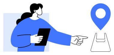 Bir kişinin elinde bir tablet var ve bir alışveriş çantasına işaret ediyor. Navigasyon, dağıtım hizmetleri, çevrimiçi alışveriş, müşteri hizmetleri, e-ticaret, iş planlaması, lojistik