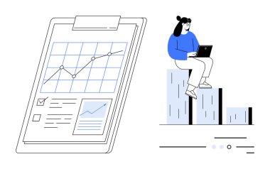 Genişleme çubuğu grafiğinde dizüstü bilgisayar kullanan bir kadın. Veri tablosu ve kontrol listesi olan bir pano. Ticari büyüme, veri analizi, üretkenlik, raporlar, mali planlama, araştırma sunumları için ideal