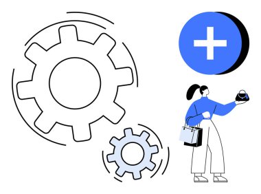 Elinde paketler, büyük viteslerin yanında sanal gerçeklik kulaklığı ve artı işareti olan bir kadın. Yenilik, teknoloji, perakende, dijital dönüşüm, alışveriş, kullanıcı deneyimi ve bağlantı için ideal