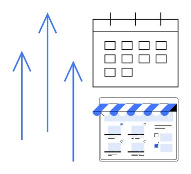 Kutulanmış ızgaralı takvim simgesi, tentenin altında online alışveriş sitesi ve yukarı bakan üç mavi ok. E-ticaret büyümesi, zamanlaması, planlaması, pazar genişlemesi için ideal süre