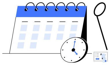 Sarmal ciltli masa takvimi, saati gösteren saat, büyüteç ve kimlik kartı. Zaman yönetimi, etkinlik planlaması, programlama, teslim tarihleri, organizasyon verimliliği için ideal