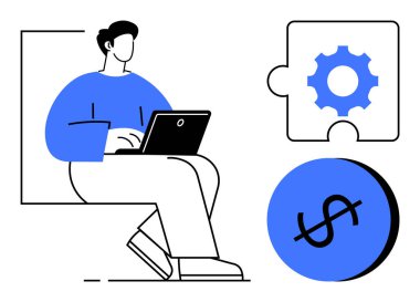 Dizüstü bilgisayarı olan kişi, teçhizatlı yapboz parçası, dolar işareti çemberi. İş, finans, problem çözme, teknoloji, verimlilik yönetimi stratejisi için idealdir. Modern minimalist mavi-siyah