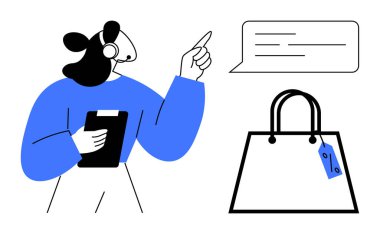 Müşteri hizmetleri temsilcisi elinde not panosu olan bir kulaklık takıyor ve konuşma balonunu işaret ediyor. Yanında fiyat etiketi olan bir alışveriş çantası. E-ticaret, perakende, müşteri desteği ve iletişim için ideal