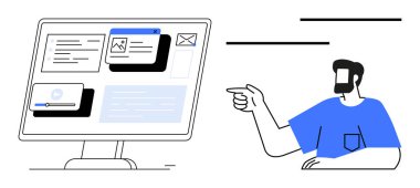 Mavi gömlekli adam çeşitli pencereleri olan bir bilgisayar ekranını işaret ediyor. Teknoloji için ideal, kullanıcı arayüzü tasarımı, dijital iletişim, çevrimiçi öğrenme, uzaktan çalışma, çevrimiçi işbirliği, teknoloji