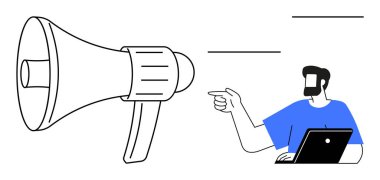 Bilgisayarlı bir iş adamı megafonu işaret ediyor, etkili iletişimi vurguluyor, duyuru yapıyor. İş stratejileri, pazarlama, sanal toplantılar, takım koordinasyonu, liderlik için ideal