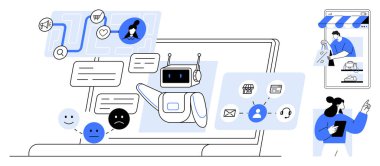 Yapay zeka sohbet robotu kullanıcılarla mesajlar, alışveriş simgeleri, e-posta, kulaklık desteği aracılığıyla iletişim kurar. Müşteri hizmetleri, otomasyon, iletişim, yapay zeka teknolojisi, e-ticaret çevrimiçi dijital destek için ideal