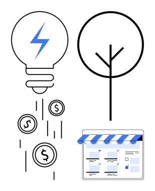 Mavi yıldırımlı ampul, bozuk paralar, ağaç ve çevrimiçi mağaza penceresi. Yenilik, sürdürülebilirlik, finans, büyüme teknolojisi e-ticaret girişimciliği için idealdir. Soyut satır düzlüğü