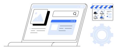 Arama çubuğu, ürün resmi, küçük mağaza önü ve vites sembollü e-ticaret web sayfasını gösteren dizüstü bilgisayar ekranı. Çevrimiçi alışveriş, web tasarımı, dijital pazarlama, e-ticaret platformları için ideal