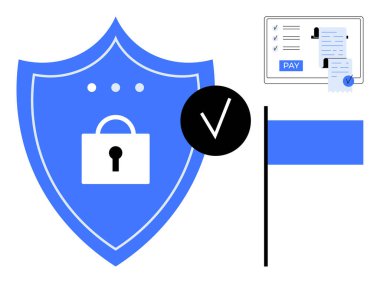 Kilitli bir kalkan, işaretli, ödeme onaylı sertifika. Güvenlik için ideal, çevrimiçi güvenlik, sertifika, mahremiyet, ödeme koruma güvenilirliği. Soyut çizgi düz metafor