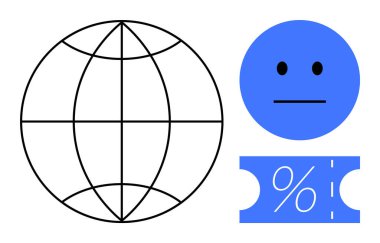 Küre sembolü, mavi nötr surat ifadesi ve yüzde işaretli mavi indirim kuponu. Temalar için ideal küresel iletişimi, duygusal durumları, indirimli teklifleri, çevrimiçi alışverişi, müşteriyi teşvik eder