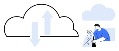 Yukarı ve aşağı okları olan bulut depolama simgesi. Arka planda alışveriş yapan biri var. Bulut hesaplama, veri yönetimi, çevrimiçi hizmetler, dijital depolama, teknoloji, ekommerce, bilişim çözümleri için ideal