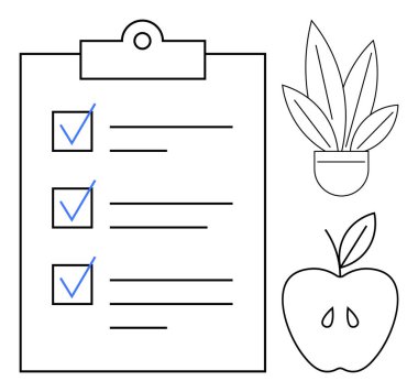 Panoda üç işaretli eşya, yapraklı elma ve saksı bitkisi olan görev listesi. Üretkenlik, sağlık, sağlık, organizasyon, sağlıklı alışkanlıklar planlamak için idealdir. Minimalist çizgi sanatı
