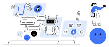 Chatbot ekranda etkileşime giriyor, kullanıcılara mesaj iletiyor ve kadın gözlemliyor. Müşteri hizmetleri, yapay zeka otomasyonu, dijital iletişim, kullanıcı desteği, geribildirim, verimlilik için ideal