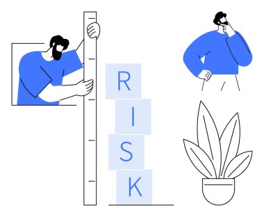 Bir diğeri saksı bitkisinin yanında düşünceli bir şekilde düşünürken adam RISK 'i hecelemek için yığılmış blokları ölçüyor. İş stratejisi, risk değerlendirmesi, karar verme, analitik, problem çözme, takım için ideal