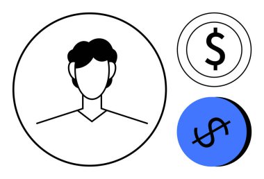 Çemberin içindeki insan silueti, dairesel çerçevenin içindeki siyah dolar işaretine bitişik, çapraz dolar işareti ile sağ alttaki mavi daire. Finans, ekonomi, iş, kişisel finans için ideal