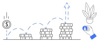 Yükselen bozuk paralar para yatırımlarıyla finansal büyümeyi sembolize eder. El ele tutuşan kişi ikonu insan kaynaklarını temsil eder. Bitki büyümeyi gösterir. Finans ve iş için ideal