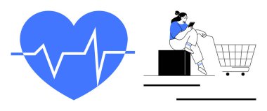 Mavi kalp ve EKG hattı, dizüstü bilgisayarda alışveriş arabasının yanında bir kadın. Sağlık, e-ticaret, dijital sağlık, tüketici alışkanlıkları, teknoloji yaşam tarzı, online alışveriş dengeli yaşam için idealdir. Soyut çizgi