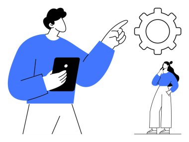 Mavi gömlekli iki kişi, biri tablet tutuyor ve vitese bakıyor, diğeri düşünüyor. Takım çalışması, problem çözme, teknoloji, yenilik, beyin fırtınası, verimlilik stratejisi için ideal