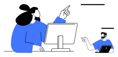 İki meslektaş online olarak iş birliği yapıyor, biri masaüstü kullanıyor, diğeri de dizüstü bilgisayarlı, ikisi de el kol hareketi yapıyor. Takım çalışması, uzaktan çalışma, iletişim, teknoloji, dijital işbirliği, çevrimiçi toplantılar için ideal