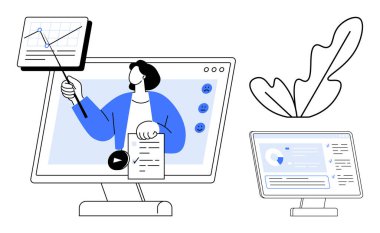 Kişi, bitki ve ilave monitörün yanında çizelge ve işaretleyici kullanarak dijital bir beyaz tahtada gösteri yapar. Uzaktan eğitim, çevrimiçi toplantılar, dijital işbirliği, iş sunumları için ideal