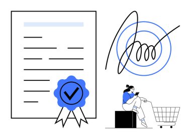 Üzerinde mavi mühür, büyük bir imza olan sertifikalı bir belge alışveriş arabasının yanında akıllı telefon kullanan bir kadın. E-ticaret, sözleşmeler, sertifikalar, dijital işlemler, müşteri ilişkileri için ideal