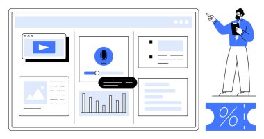 Video, grafikler, grafikler ve analitik gibi anahtar unsurlara sahip iş sunumu. Gösterecek adam, veri güdümlü kavrayışları vurguluyor. İş stratejisi ve piyasa analizi için ideal