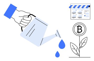 Bitcoin bitkisinin üzerine el yapımı su dökmek, bakım yatırımlarını sembolize ediyor. Sekmelerle birlikte çevrimiçi mağaza önü ekranı. Finans, kripto para birimi, büyüme stratejisi, dijital yatırım ve ekonomi için ideal
