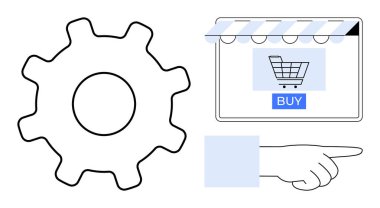 Vites simgesi, alışveriş arabası ve satın alma düğmesiyle çevrimiçi mağazayı işaret ediyor. E-ticaret, çevrimiçi alışveriş, dijital pazarlama, otomasyon, iş süreçleri, tüketici davranışı, kullanıcı