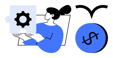 İçinde teçhizat olan bir yapboz parçası tutan kadın problem çözmeyi ve teknolojiyi sembolize ediyor. Bitişik dolar işareti ve kuş finans ve özgürlük taşıyor. İş, teknoloji ve finans için ideal