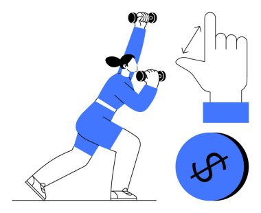 Kadın dambıl tutar, hamle yapar oklarla el hareketi yapar çember içinde dolar işareti parayı temsil eder. Fitness, sağlık, egzersiz, hareket, finans, ekonomi için ideal