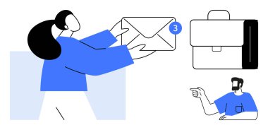 Büyük boy zarfta 3 uyarı, bavul ikonu ve mavi tişörtlü adam var. İletişim, iş, tebligat, mesajlaşma, takım çalışması, insan etkileşimi için ideal modern