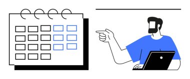 Mavi gömlekli sakallı adam dizüstü bilgisayar üzerinde çalışırken takvim sayfasını işaret ediyor. Üretim, proje yönetimi, zaman yönetimi, zamanlama, planlama, ofis işi, iş stratejileri için ideal
