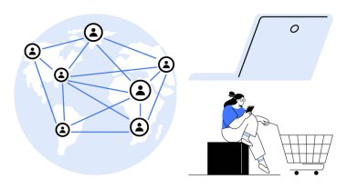 Birbirine bağlı insanlarla çevrili bir dünya, bir dizüstü bilgisayar, akıllı telefonunu kullanan bir kadın ve bir alışveriş arabası. Küreselleşme, e-ticaret, sosyal bağlantılar, teknoloji, iletişim konuları için ideal