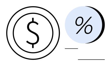 Çemberin içindeki dolar işareti ve mavi dairenin içindeki yüzde işareti. Finans, bankacılık, muhasebe, kredi, yatırım, faiz oranları ve bütçe için ideal. Satır metaforu