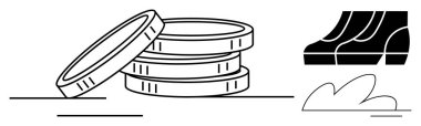 Bir eğimli, ayakkabılı ve soyut yapraklı sikkeler. Finansal büyüme, yatırım, refah yönetimi, refah, ekonomik istikrar ve kişisel finansman bütçesi için ideal. Asgari siyah