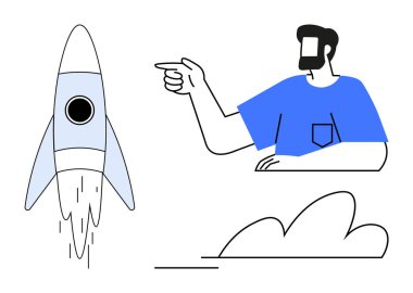 Mavi tişörtlü sakallı bir adam kavisli bir çizgide roketi fırlatıyor. Liderlik, yenilik, vizyon, girişimcilik, hedef belirleme, uzay keşfi, hırs temaları için idealdir. Minimalist