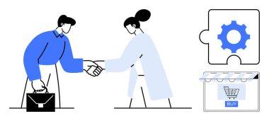 Kadın ve erkek arasındaki iş tokalaşması, evrak çantası, dişli bulmaca parçası, online alışveriş arabası. İş anlaşmaları, ortaklıklar, girişimler, e-ticaret, müzakere ekibi işbirliği için ideal