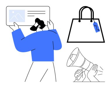 Elinde web penceresi olan mavi elbiseli bir adam, üzerinde fiyat etiketi olan bir alışveriş çantası ve elinde megafon olan bir adam. Dijital pazarlama, e-ticaret, promosyonlar, reklamcılık, çevrimiçi alışveriş, satış stratejileri müşterileri için ideal