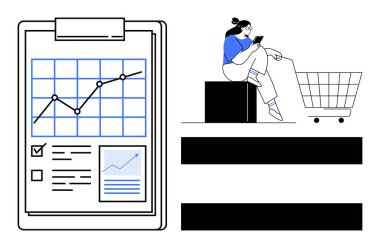Yükselen trend, tik kutuları ve grafiklerle dolu bir iş grafiği. Kadın bir küpün üzerine oturmuş alışveriş arabasının yanındaki akıllı telefonu kullanıyor. İş analizi için ideal, çevrimiçi alışveriş, e-ticaret büyümesi, satışlar