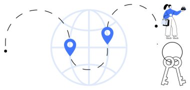 Küredeki iki mavi yer belirleme işareti, hareket gösteren çizgiler, teslimatı tutan kişi, kesişen tuşlar. Teslimat takibi, lojistik, küresel bağlantılar, iş çözümleri, veriler için ideal