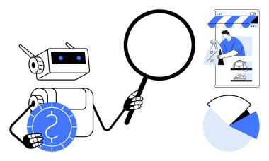 Robot elinde büyüteç ve dolar bozuk para, vitrinde akıllı telefon, pasta grafiği. AI, veri analizi, e-ticaret, çevrimiçi alışveriş, finans teknolojisi, dijital pazarlama teknolojisi için ideal